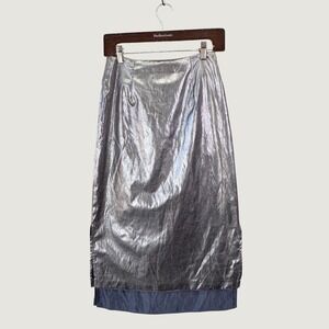 Vetiver Metallic Silver Layered Midi Skirt S Silver Cybercore Futuristic Sleek